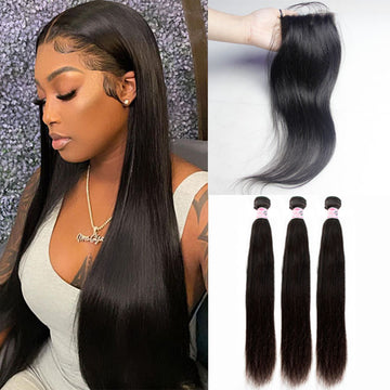 GS Virgin Hair 3 Bundles Brazilian free part Straight Hair Weft With 5x5 HD Closure